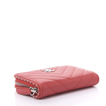 Chanel Lambskin Chevron Quilted Studded Zip Around Coin Purse Red 4 of 11