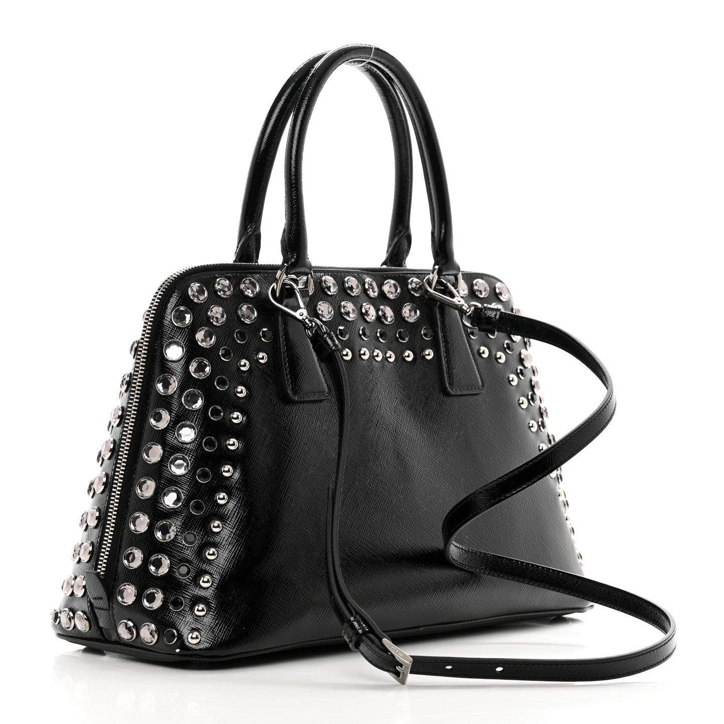Saffiano Vernice Small Crystal Pyramid Bag Black