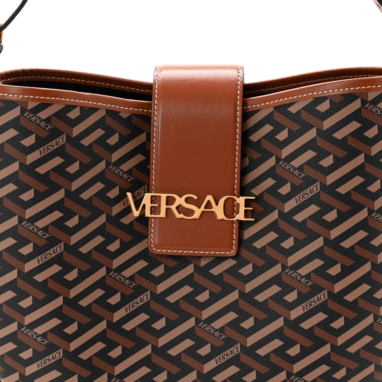 Versace Coated Canvas Calfskin La Greca Signature Shoulder Bag Black Caramel 7 of 9