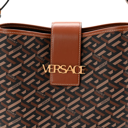 Versace Coated Canvas Calfskin La Greca Signature Shoulder Bag Black Caramel 7 of 9
