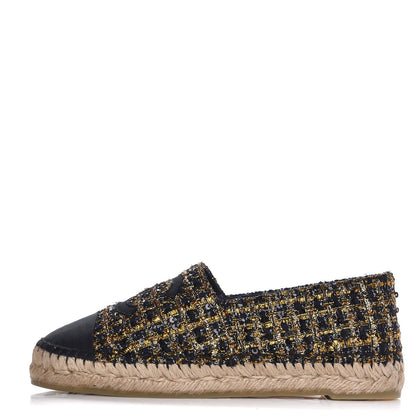 Chanel Metallic Tweed Sequin Grosgrain CC Espadrilles 37 Black Gold 1 of 10