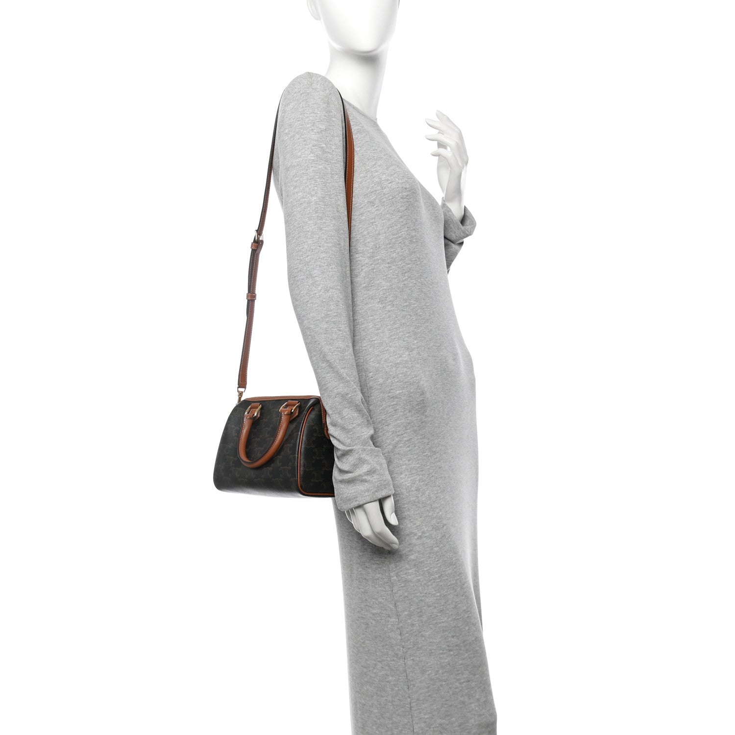 Celine Triomphe Canvas Calfskin Small Boston Bag Tan 2 of 9