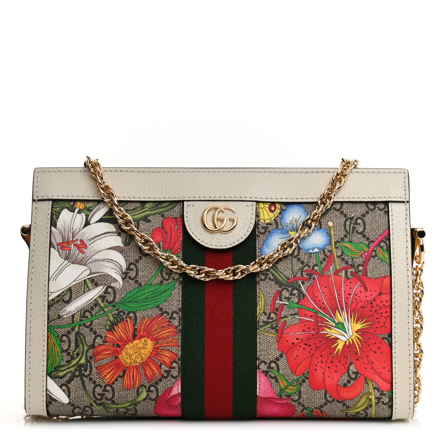 GG Supreme Monogram Flora Web Small Ophidia Chain Shoulder Bag White