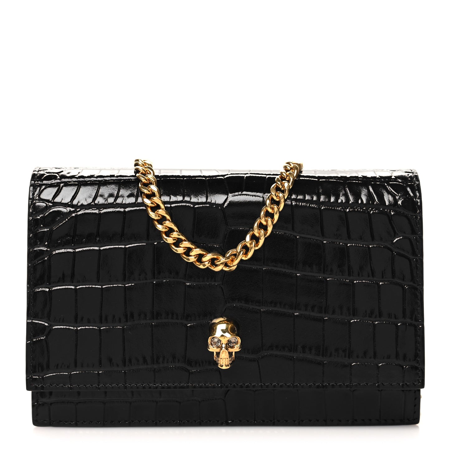 Calfskin Crocodile Embossed Skull Mini Crossbody Bag Black