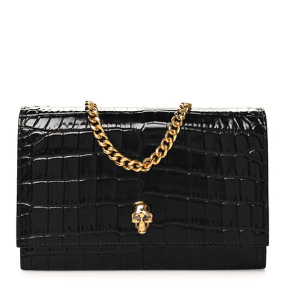 Alexander McQueen Calfskin Crocodile Embossed Skull Mini Crossbody Bag Black 1 of 9