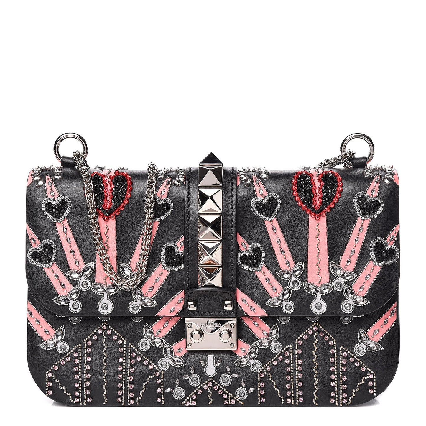 Vitello Crystal Loveblade Embellished Medium Glam Lock Rockstud Flap Black