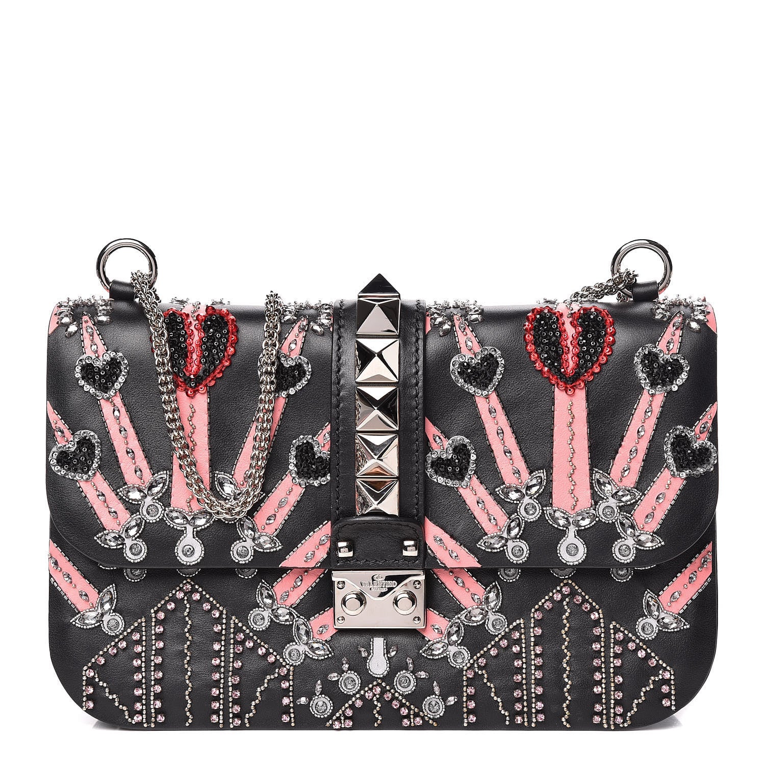 Valentino Garavani Vitello Crystal Loveblade Embellished Medium Glam Lock Rockstud Flap Black 1 of 12