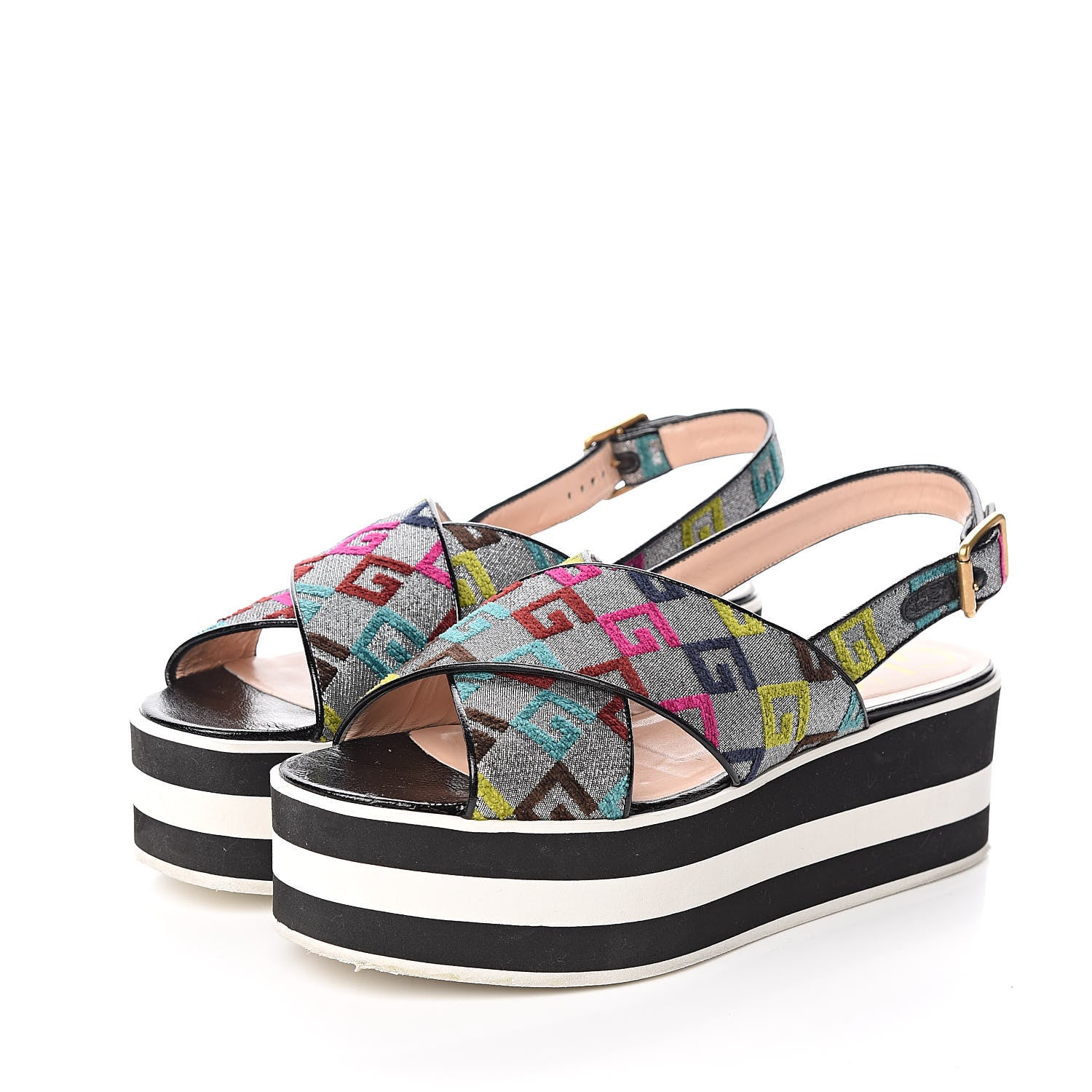 Gucci Velvet Lurex Square G Crossover Platform Sandals 40 Silver Multicolor 3 of 11