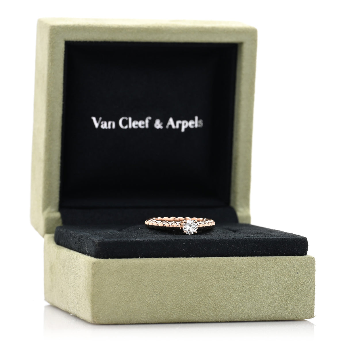 Van Cleef & Arpels 18K Rose Gold Diamond .31ct Perlee Solitaire Engagement Ring 48 4.5 5 of 5
