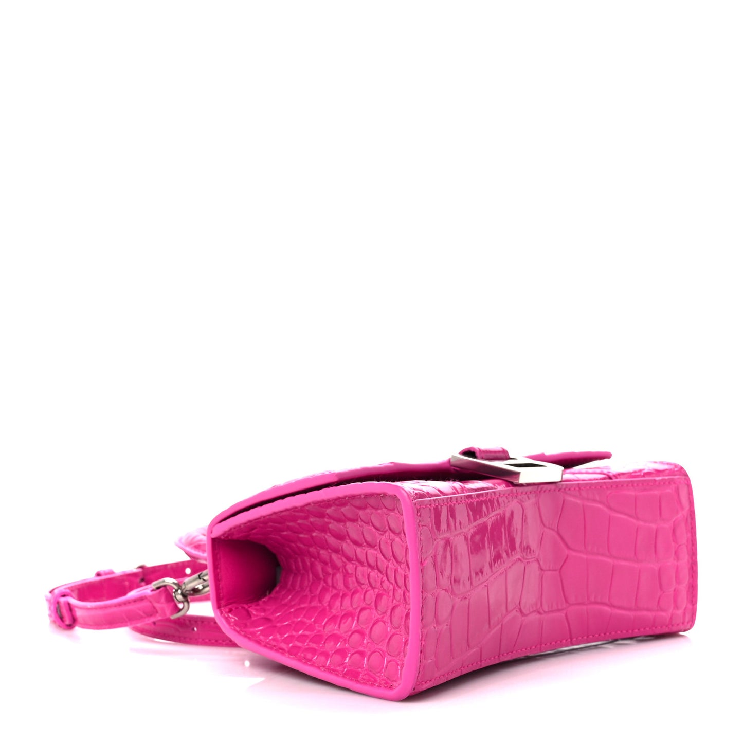 Shiny Calfskin Crocodile Embossed Hourglass Top Handle Bag XS Lipstick Pink