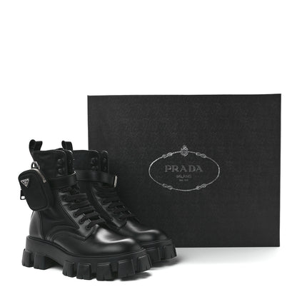Prada Spazzolato Rois Re-Nylon Metal Triangle Logo Mens Monolith Pouch Pocket 60mm Combat Boots 8.5 Black 9 of 9