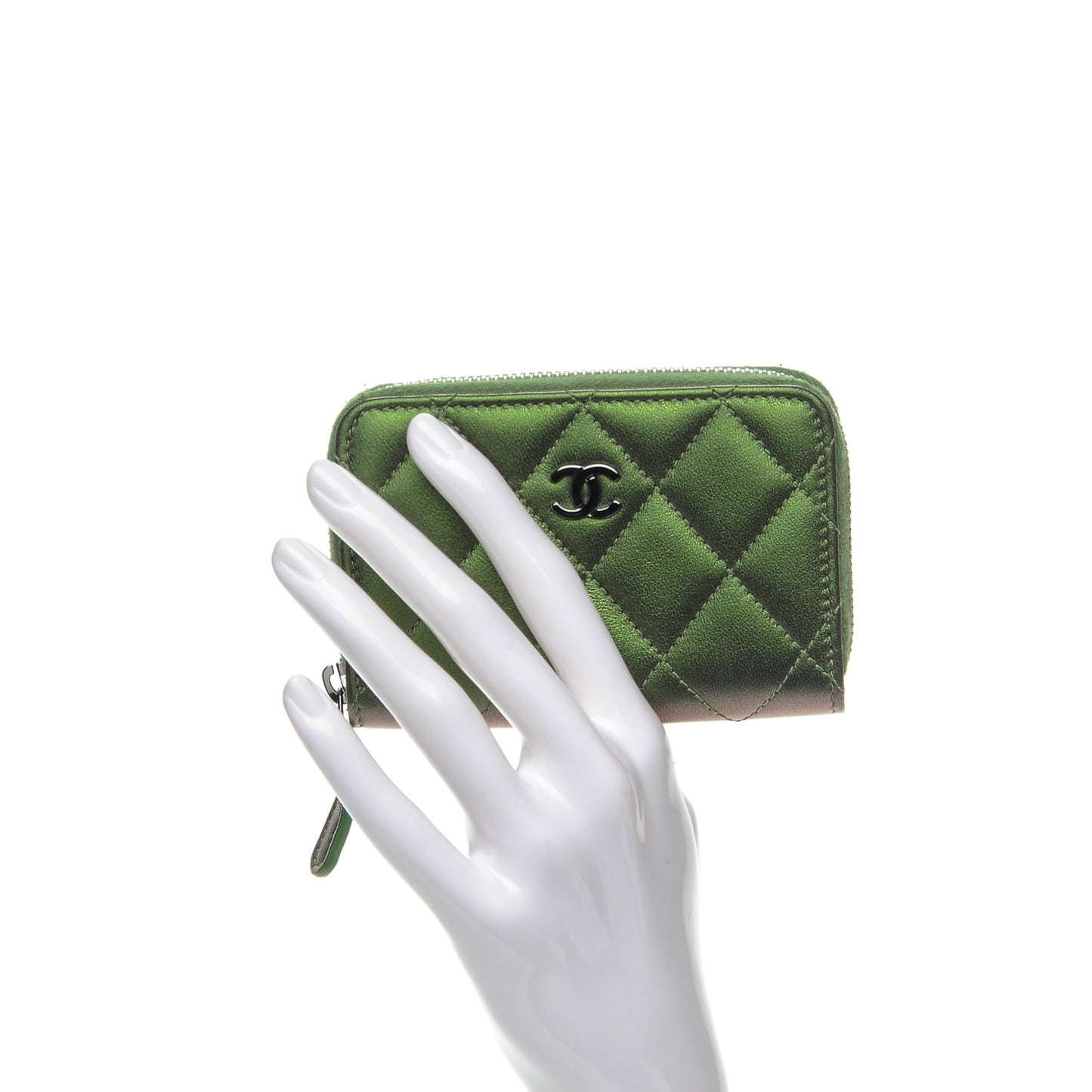 Metallic Lambskin Quilted Zip Around Coin Purse Wallet Green