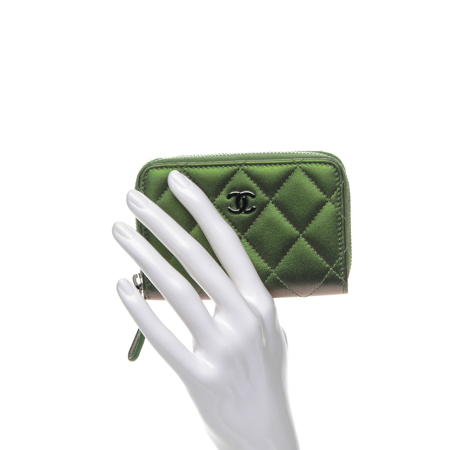 Chanel Metallic Lambskin Quilted Zip Around Coin Purse Wallet Green 2 of 7