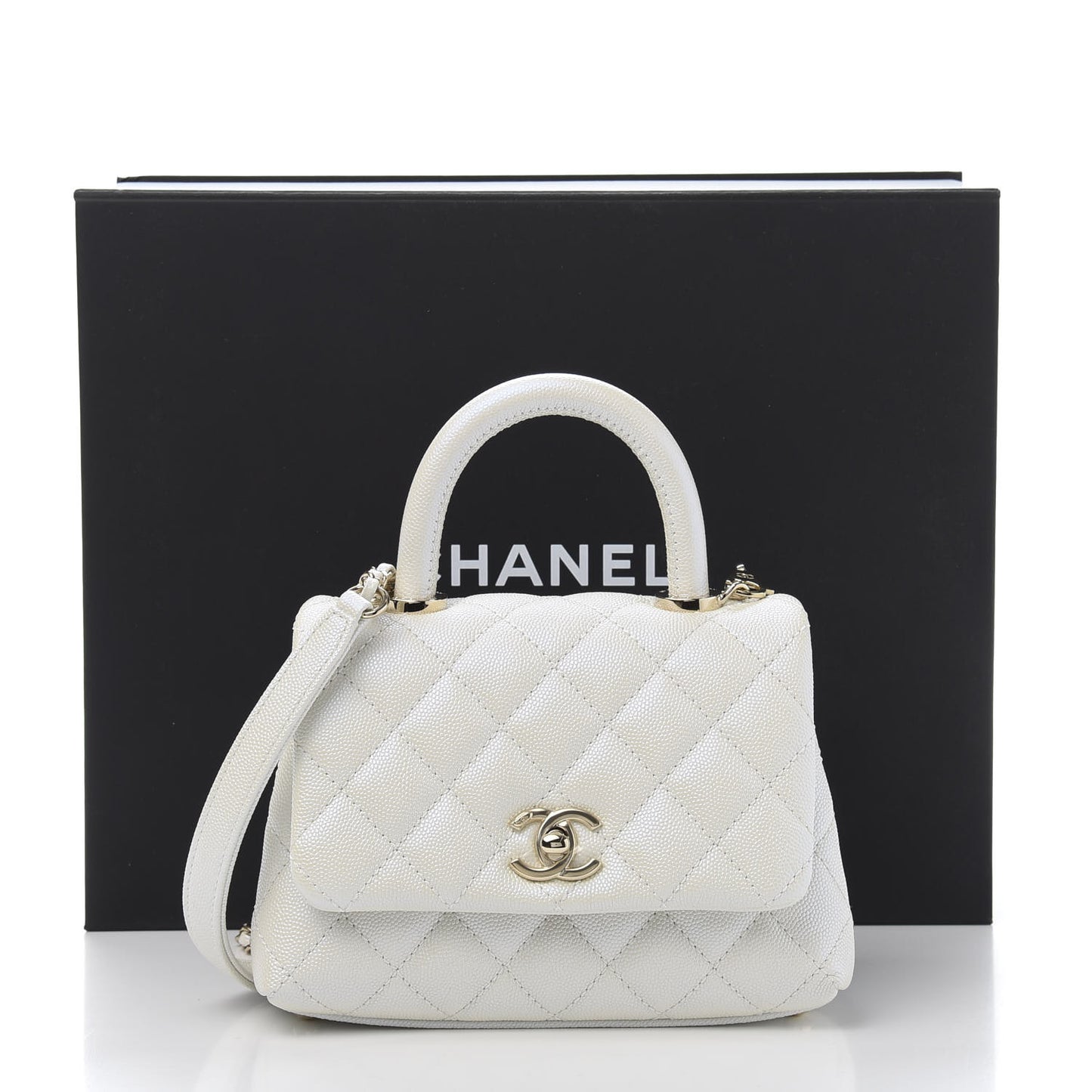 Iridescent Caviar Quilted Extra Mini Coco Handle Flap White