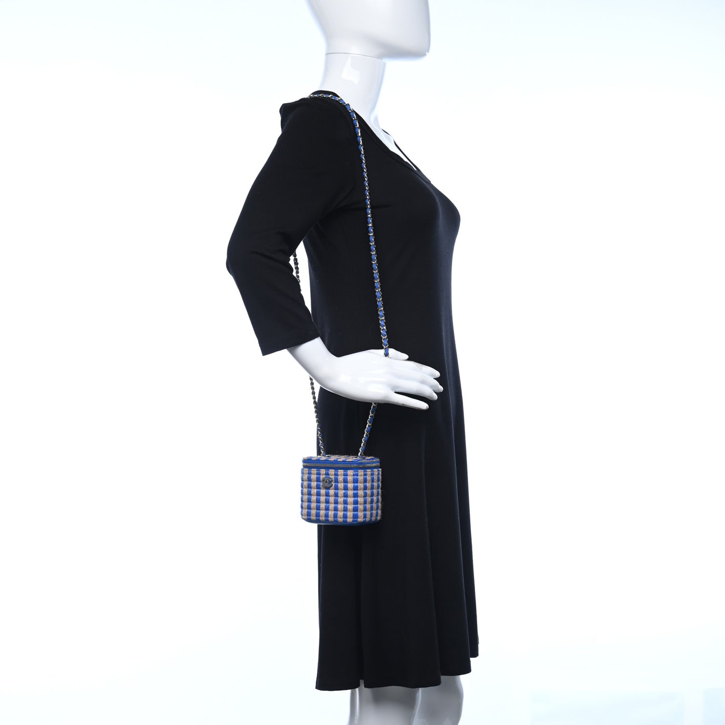 Raffia Jute Striped Mini Vanity Case With Chain Blue Beige