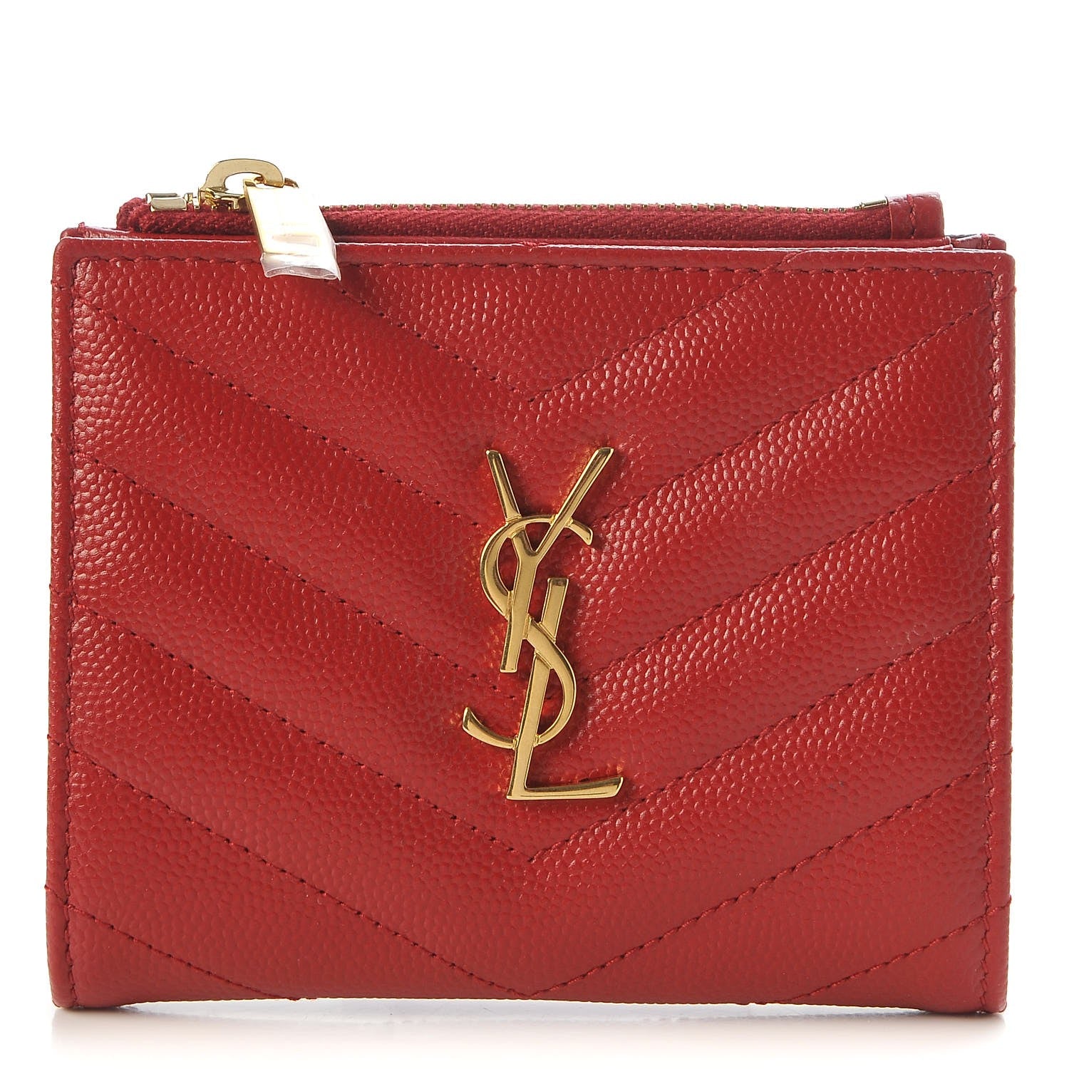Saint Laurent Grain De Poudre Matelasse Chevron Monogram Zipped Card Case Rouge 1 of 7