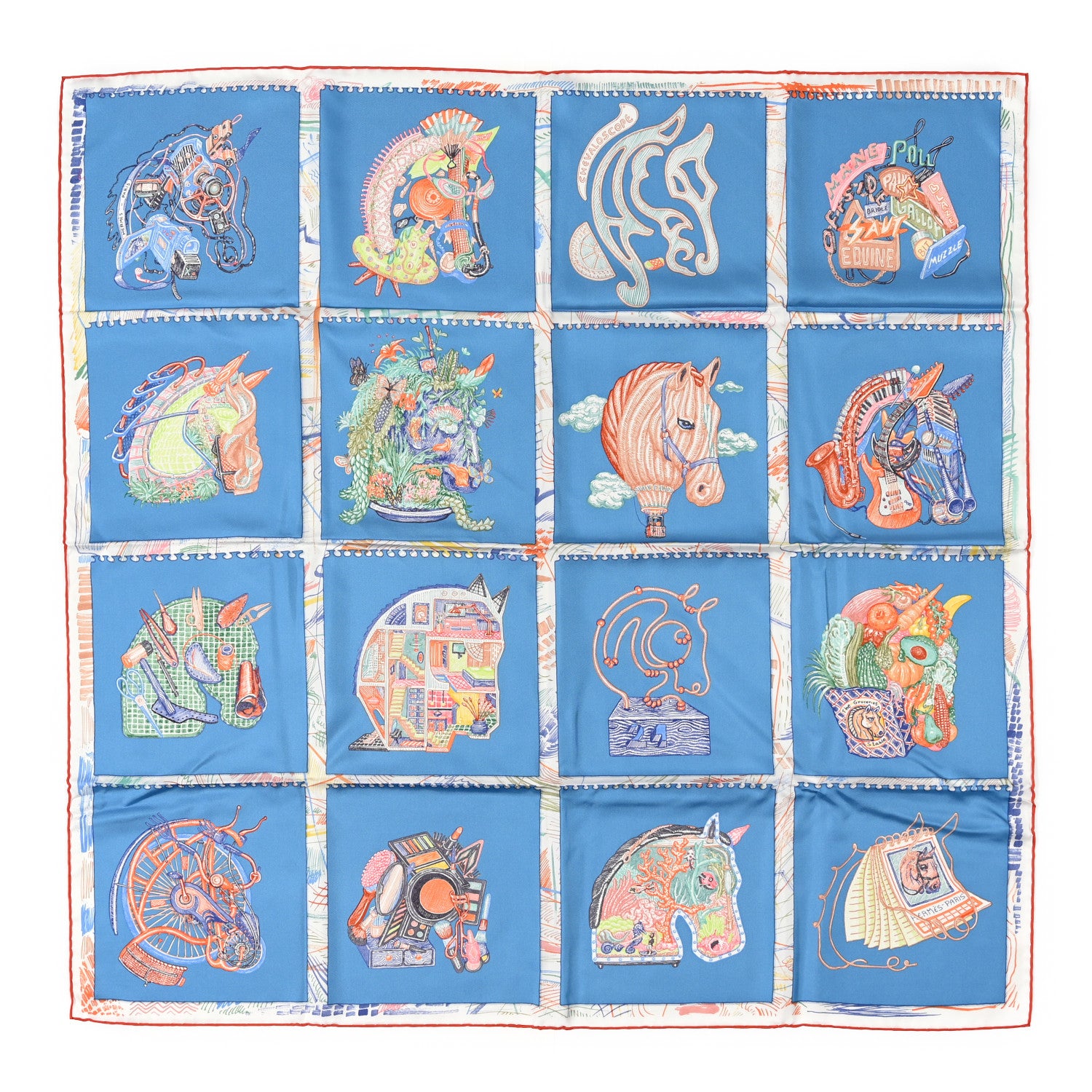 Hermes Silk Chevaloscope Scarf 90 Bleu Orange Multicolor 1 of 5