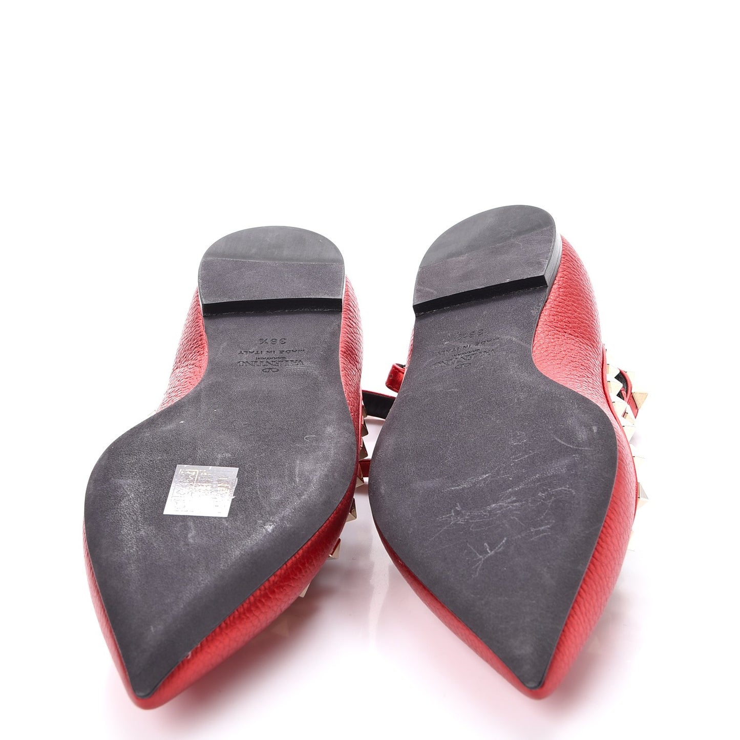 Metallic Pebbled Calfskin Rockstud Cage Ballerina Flats 38.5 Rosso Valentino