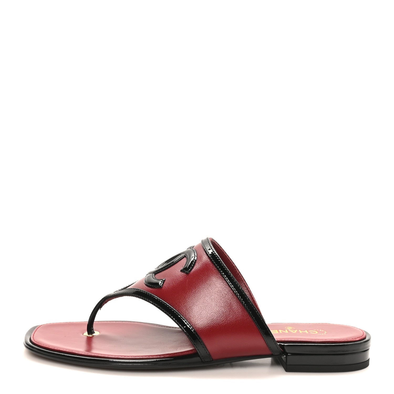 Chanel Lambskin Patent Calfskin CC Thong Sandals 37 Burgundy Black 1 of 9