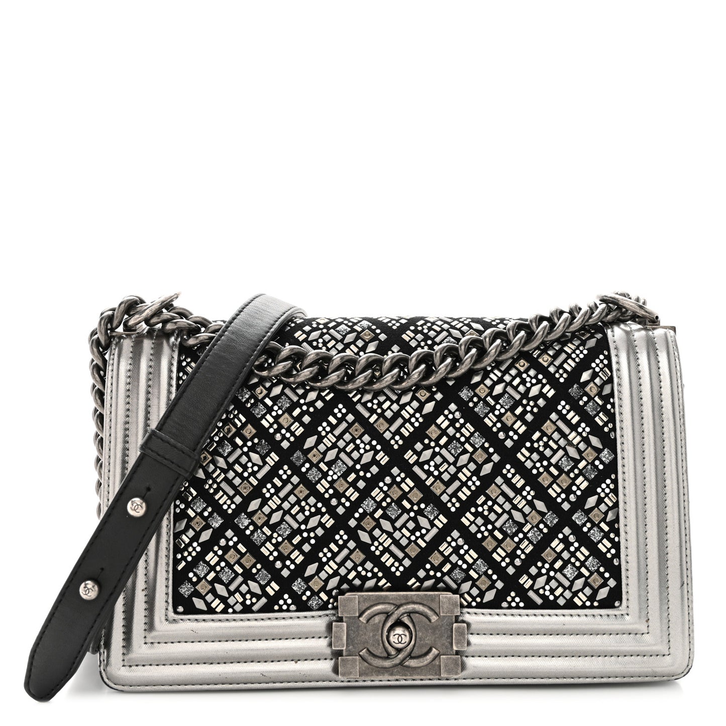 Metallic Lambskin Embellished Medium Boy Flap Black Silver