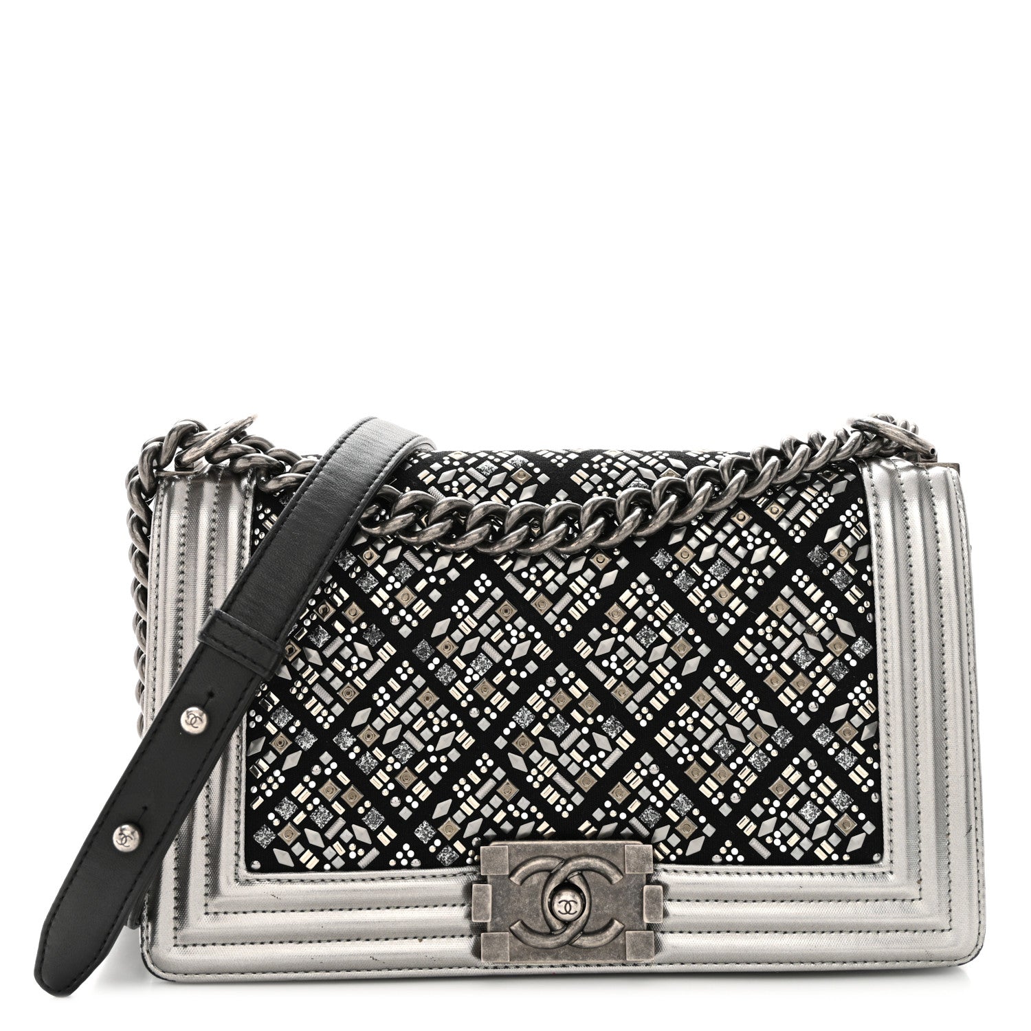 Chanel Metallic Lambskin Embellished Medium Boy Flap Black Silver 1 of 12