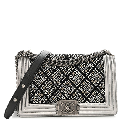 Chanel Metallic Lambskin Embellished Medium Boy Flap Black Silver 1 of 12