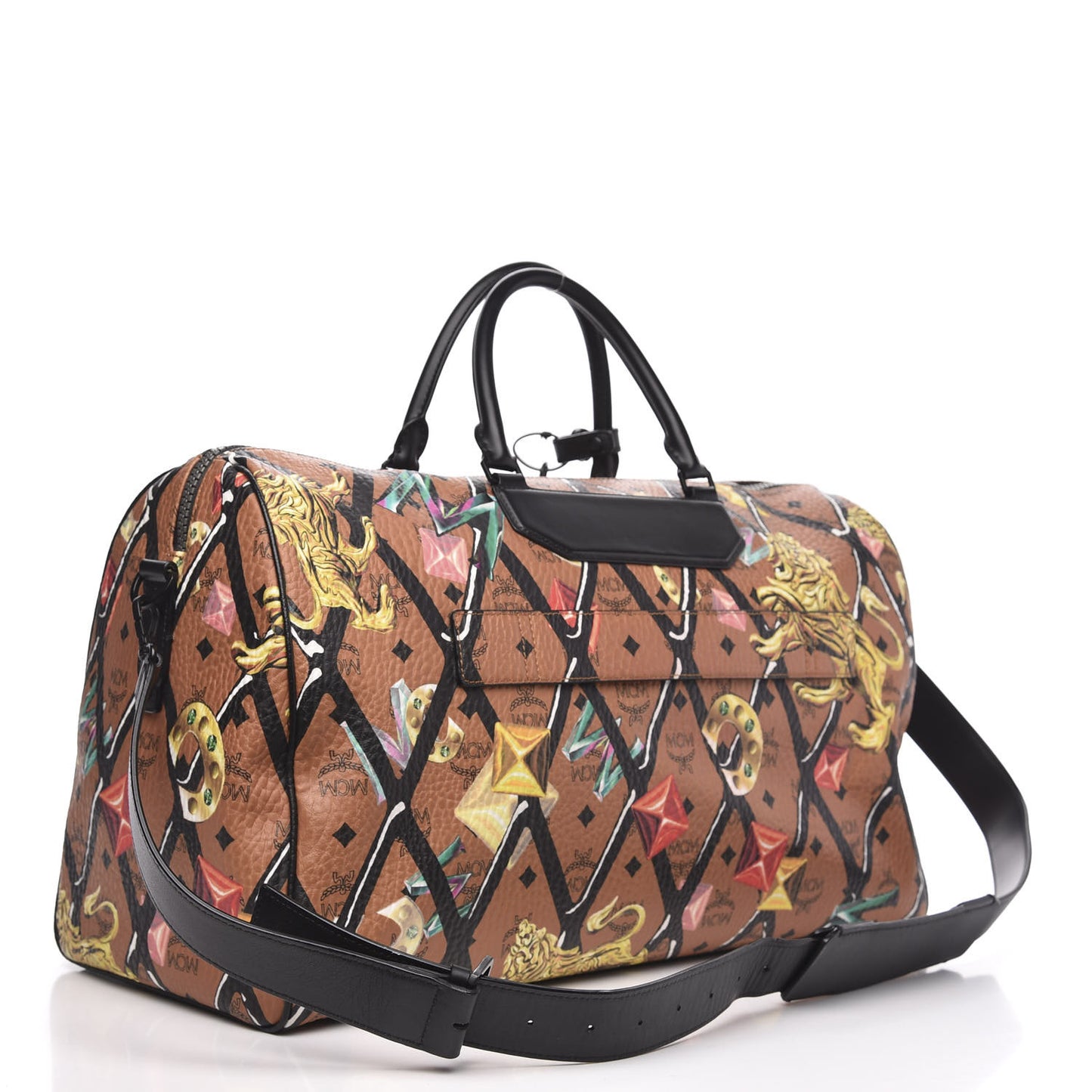 Visetos Calfskin Motif Rombi Lion Printed Traveler Weekender Bag Cognac