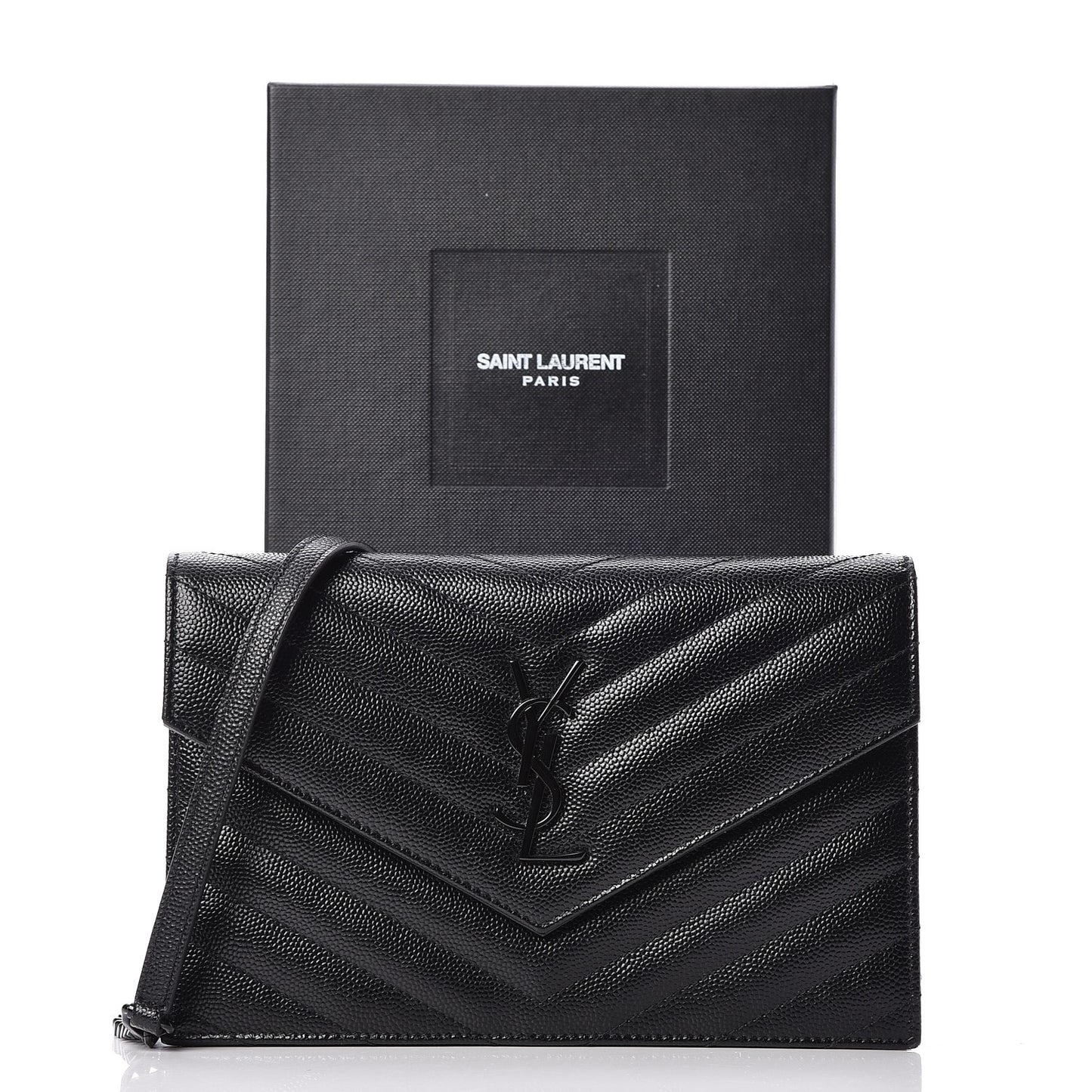 Grain De Poudre Matelasse Chevron Monogram Envelope Chain Wallet Black