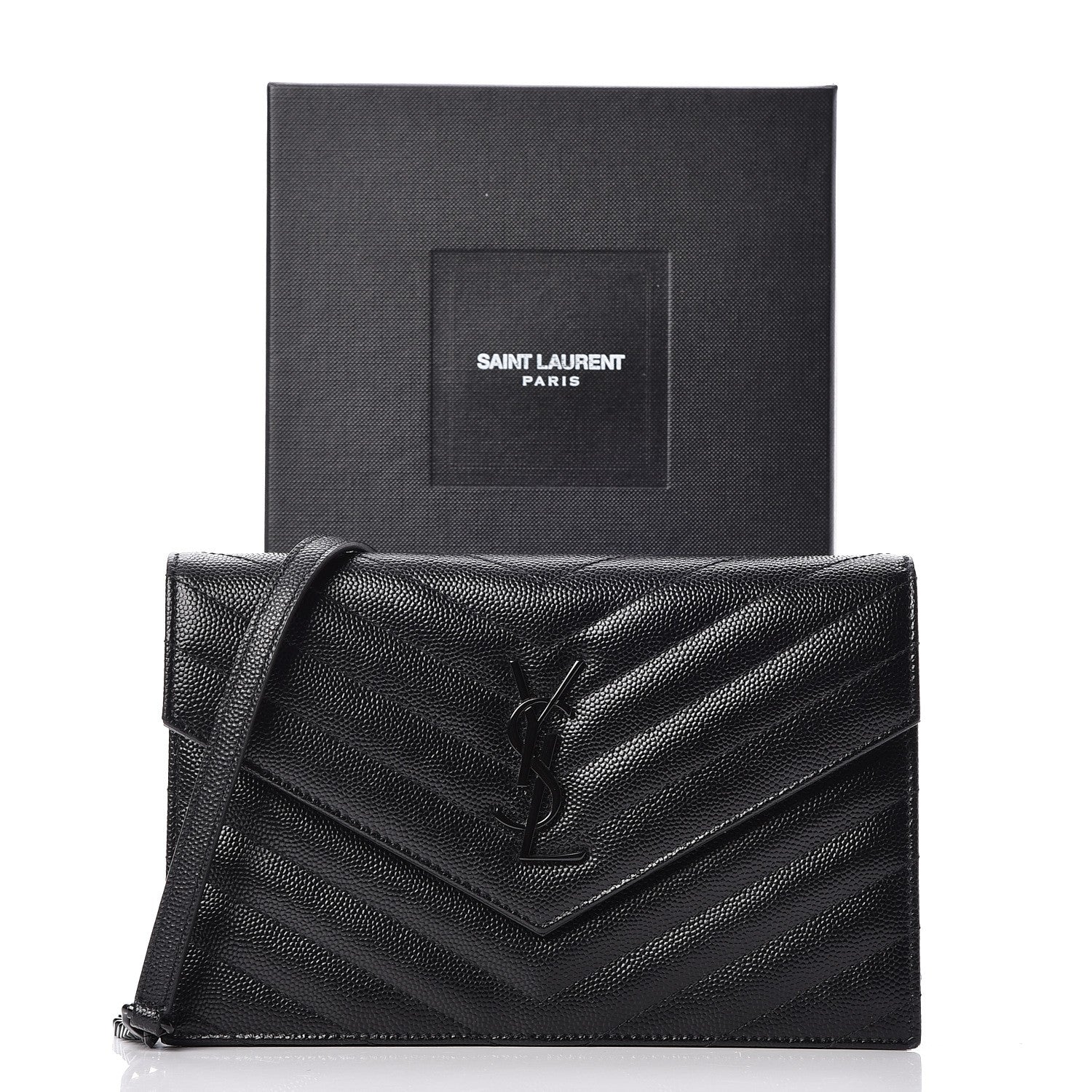 Saint Laurent Grain De Poudre Matelasse Chevron Monogram Envelope Chain Wallet Black 8 of 8