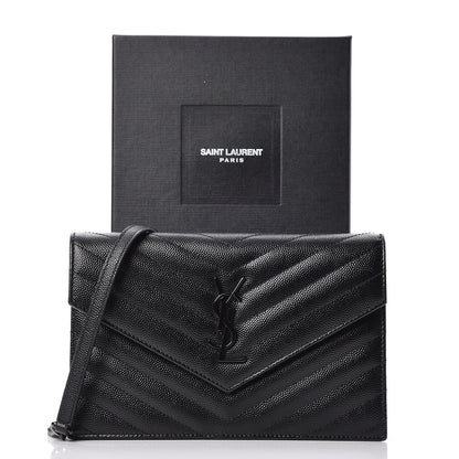 Saint Laurent Grain De Poudre Matelasse Chevron Monogram Envelope Chain Wallet Black 8 of 8