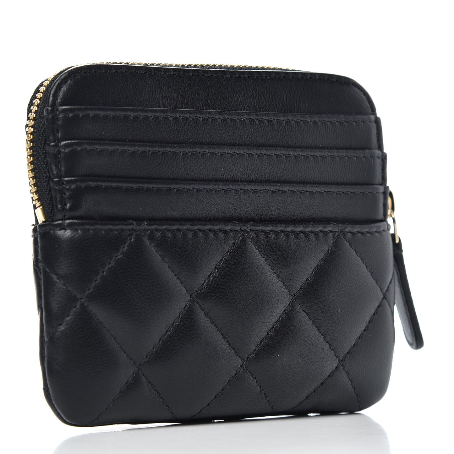 Lambskin Quilted Zip Card Holder Wallet Black