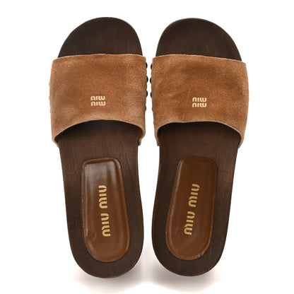 Miu Miu Suede Logo Slide Clogs 38 Cannella 2 of 9