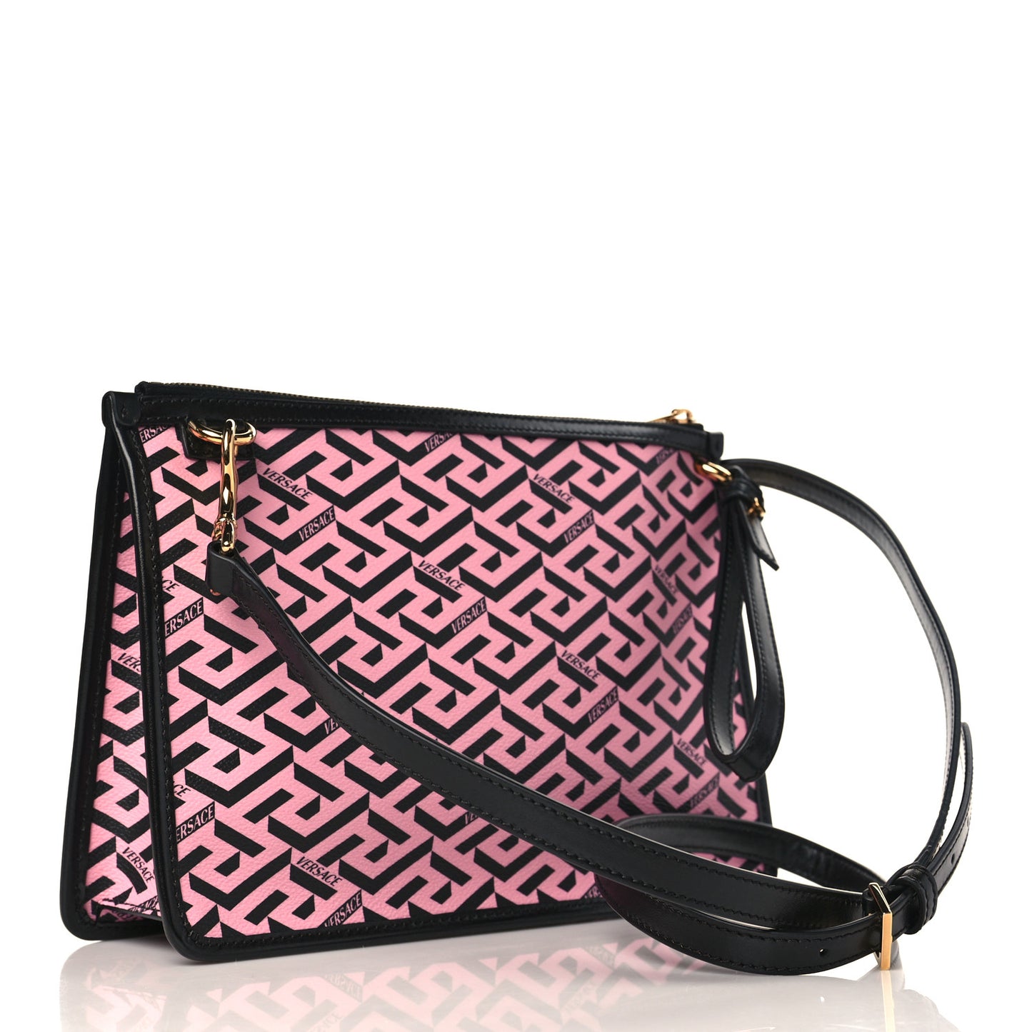 Coated Canvas Large La Greca Signature Pouch Black Pink