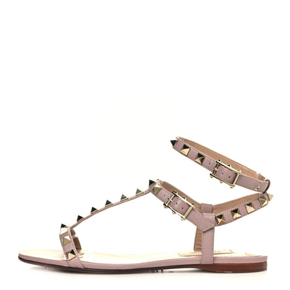 Valentino Garavani Calfskin Rockstud Ankle T-Strap Flat Sandals 36 Poudre 1 of 7
