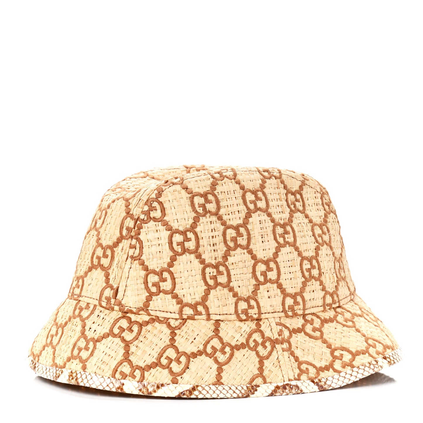 Raffia Elaphe GG Monogram Embroidered Basmaa Fedora Hat M Ivory Dark Brown