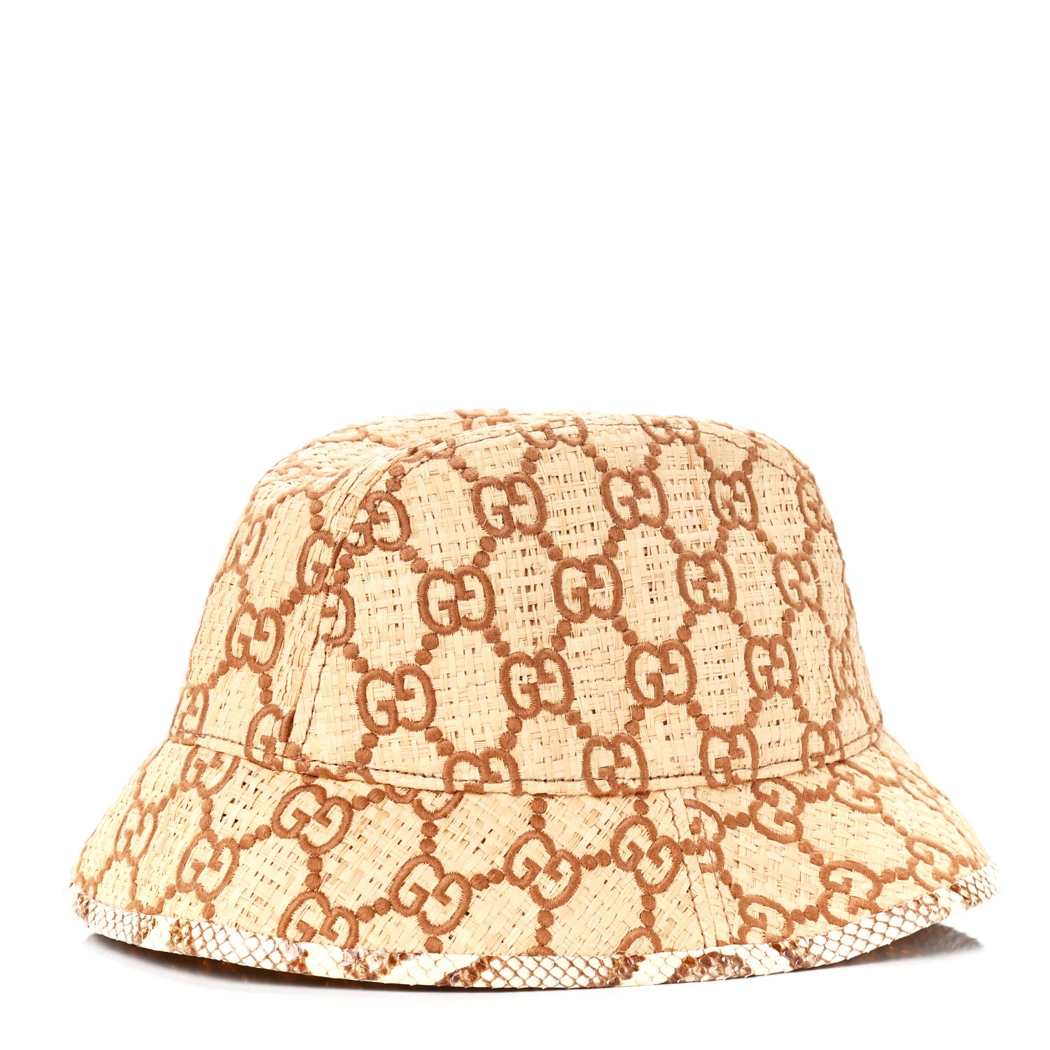 Gucci Raffia Elaphe GG Monogram Embroidered Basmaa Fedora Hat M Ivory Dark Brown 1 of 3