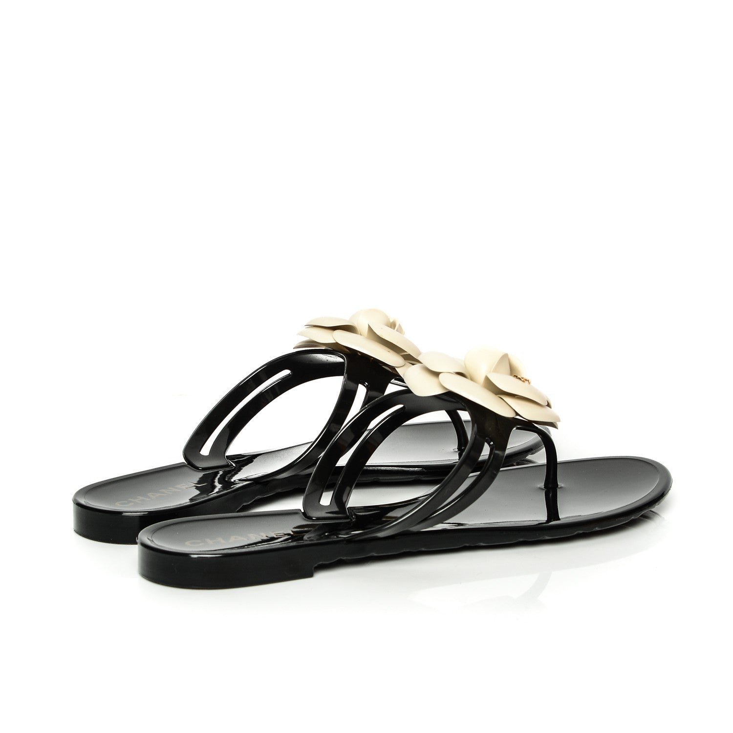 Chanel Jelly Camellia Thong Sandals 39 Black Ivory 4 of 7