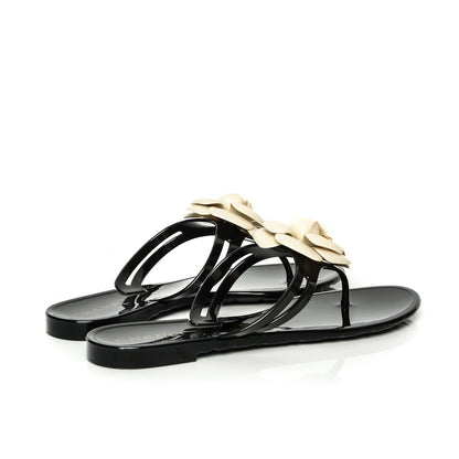 Chanel Jelly Camellia Thong Sandals 39 Black Ivory 4 of 7