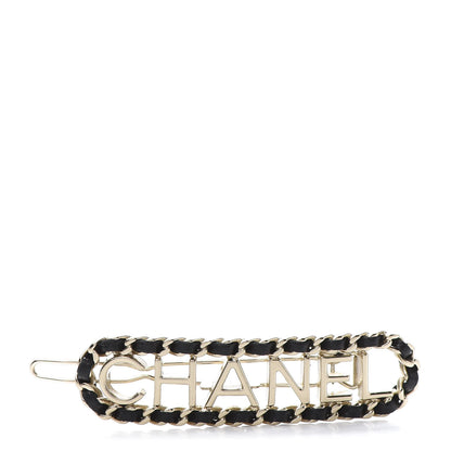 Chanel Metal Lambskin Vintage Allure Logo Hair Clip Black Gold 1 of 5