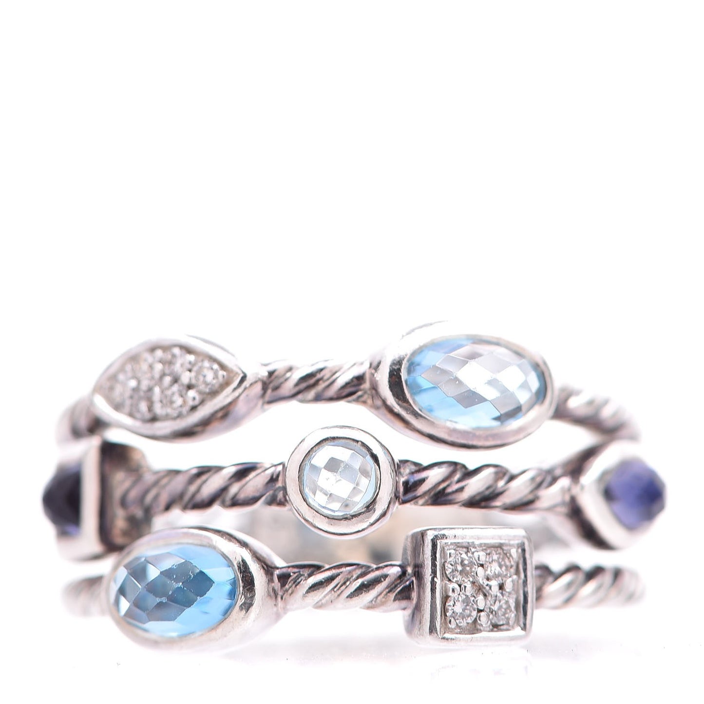 Sterling Silver Diamond Iolite Topaz Confetti 3 Row Ring 52 6