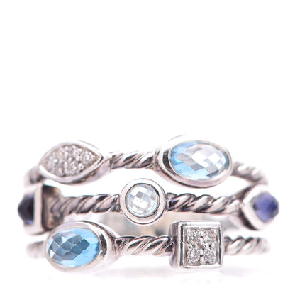 David Yurman Sterling Silver Diamond Iolite Topaz Confetti 3 Row Ring 52 6 1 of 5