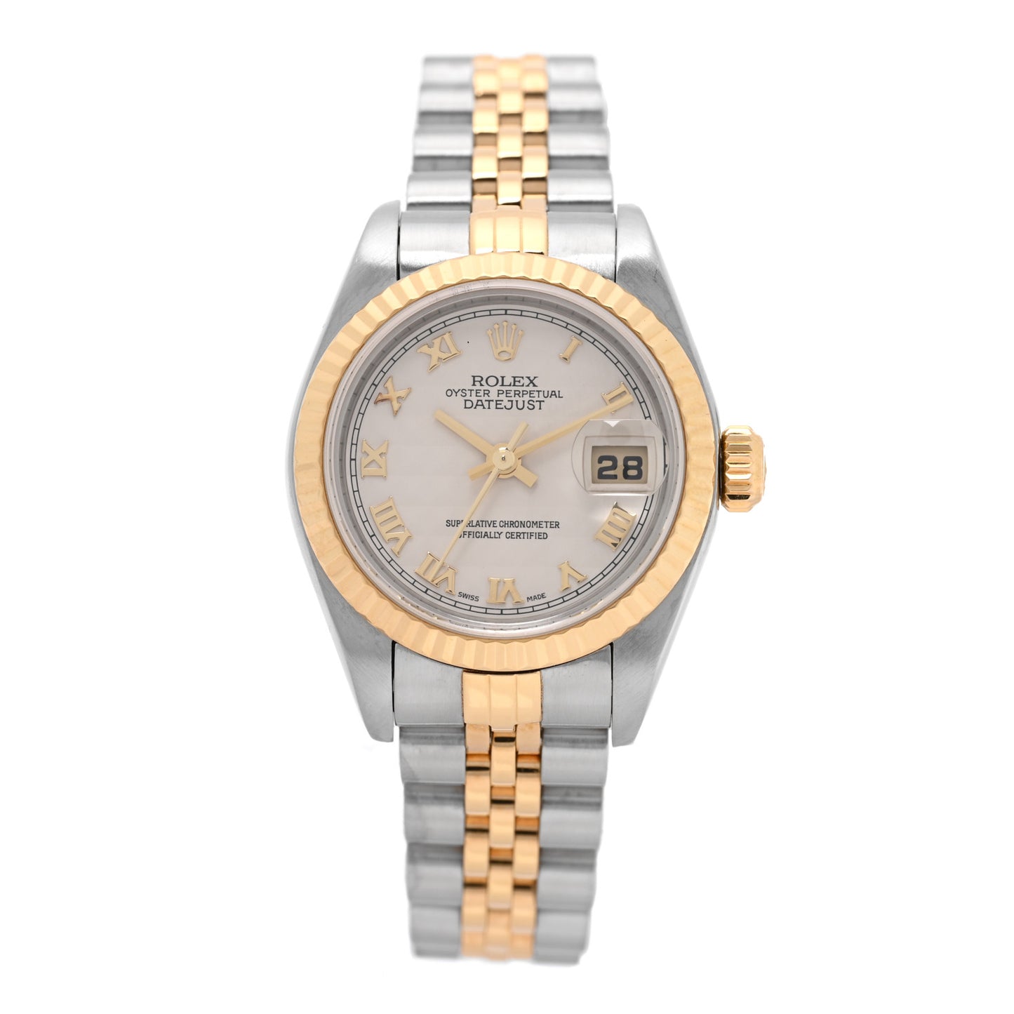 Stainless Steel 18K Yellow Gold 26mm Oyster Perpetual Datejust Watch White Pyramid Roman 79173