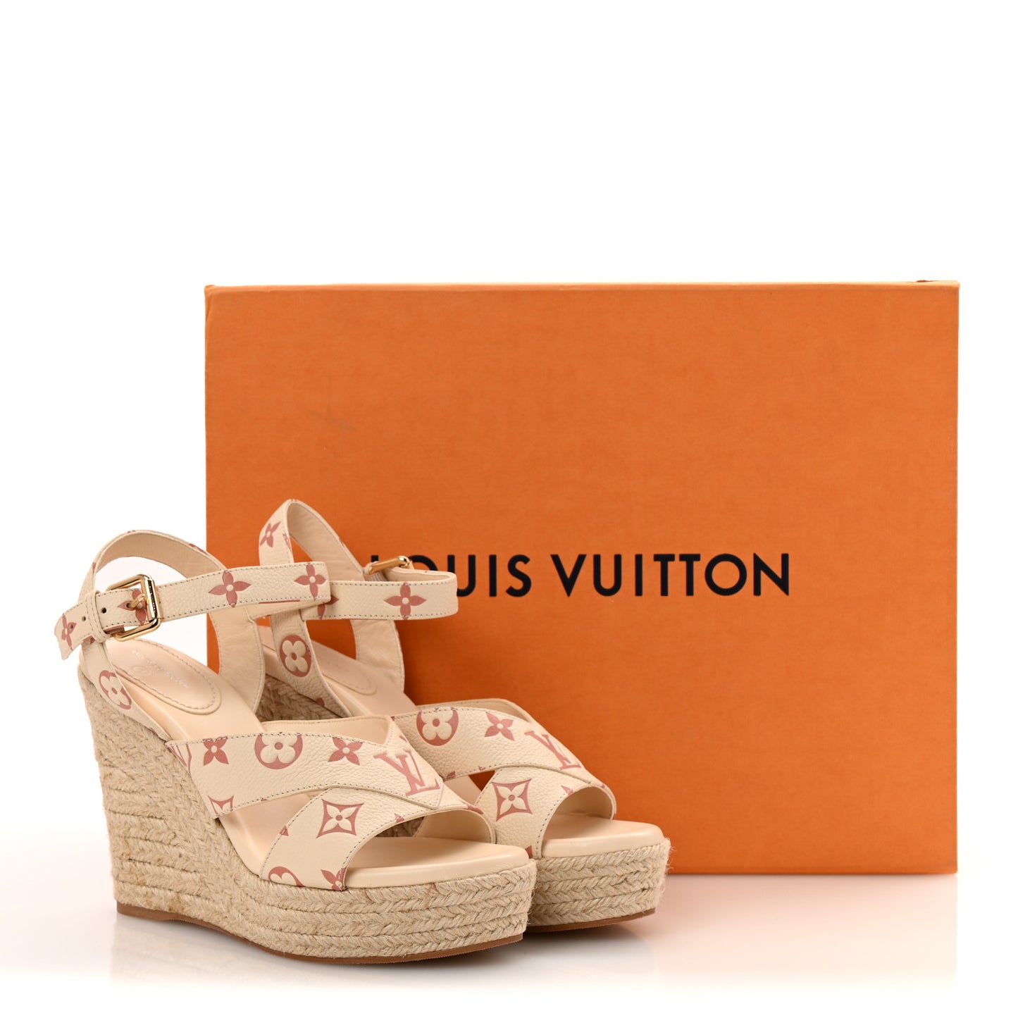 Empreinte Monogram Starboard Espadrille Wedge Sandals 38.5 Creme Rose Trianon