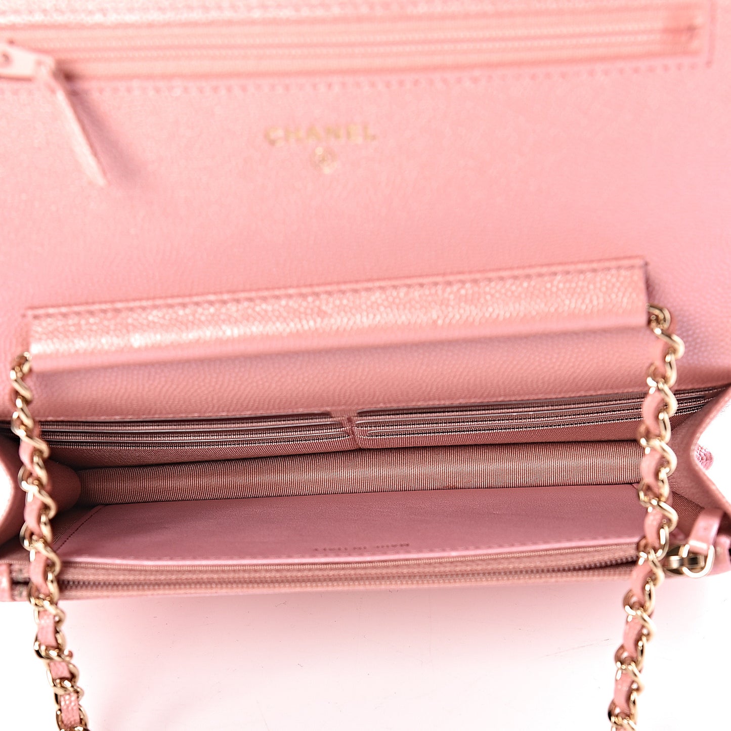 Iridescent Caviar Quilted Wallet on Chain WOC Rose Pink