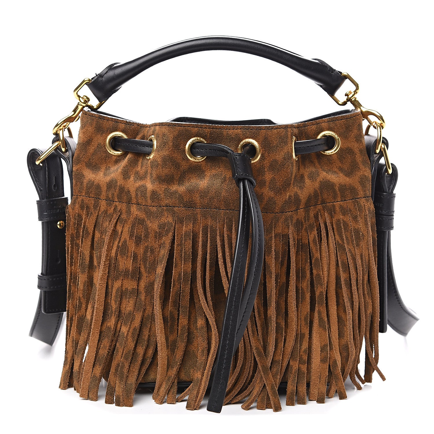 Saint Laurent Suede Leopard Small Emmanuelle Fringe Bucket Bag Tan Black 1 of 10