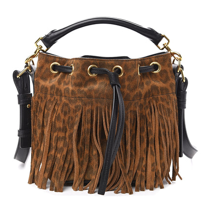 Saint Laurent Suede Leopard Small Emmanuelle Fringe Bucket Bag Tan Black 1 of 10