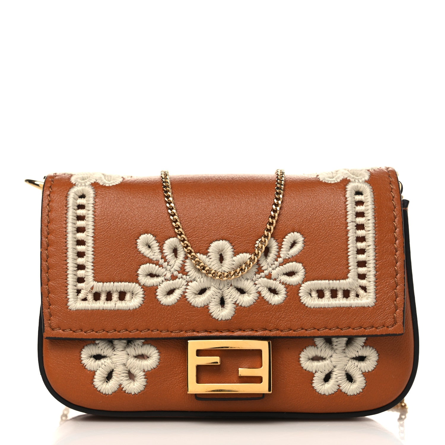 Fendi Shiny Nappa Vitello King Floral Ajour Embroidered Nano Baguette Charm Brandy 1 of 10