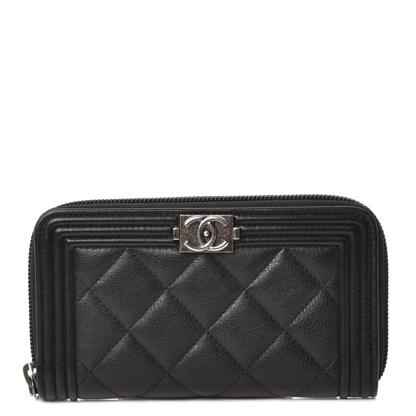 Calfskin Quilted Small Boy Zip Around Wallet Black