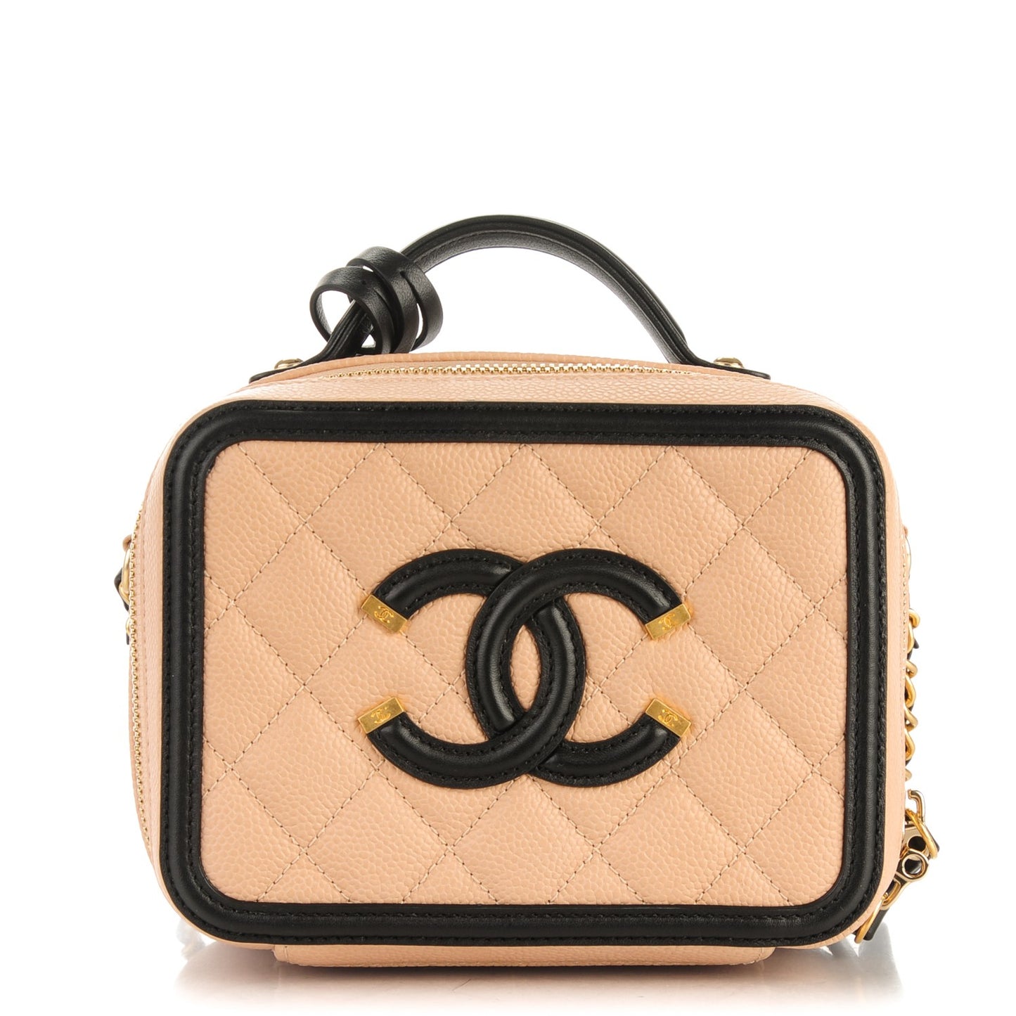 Caviar Quilted Small CC Filigree Vanity Case Beige Black