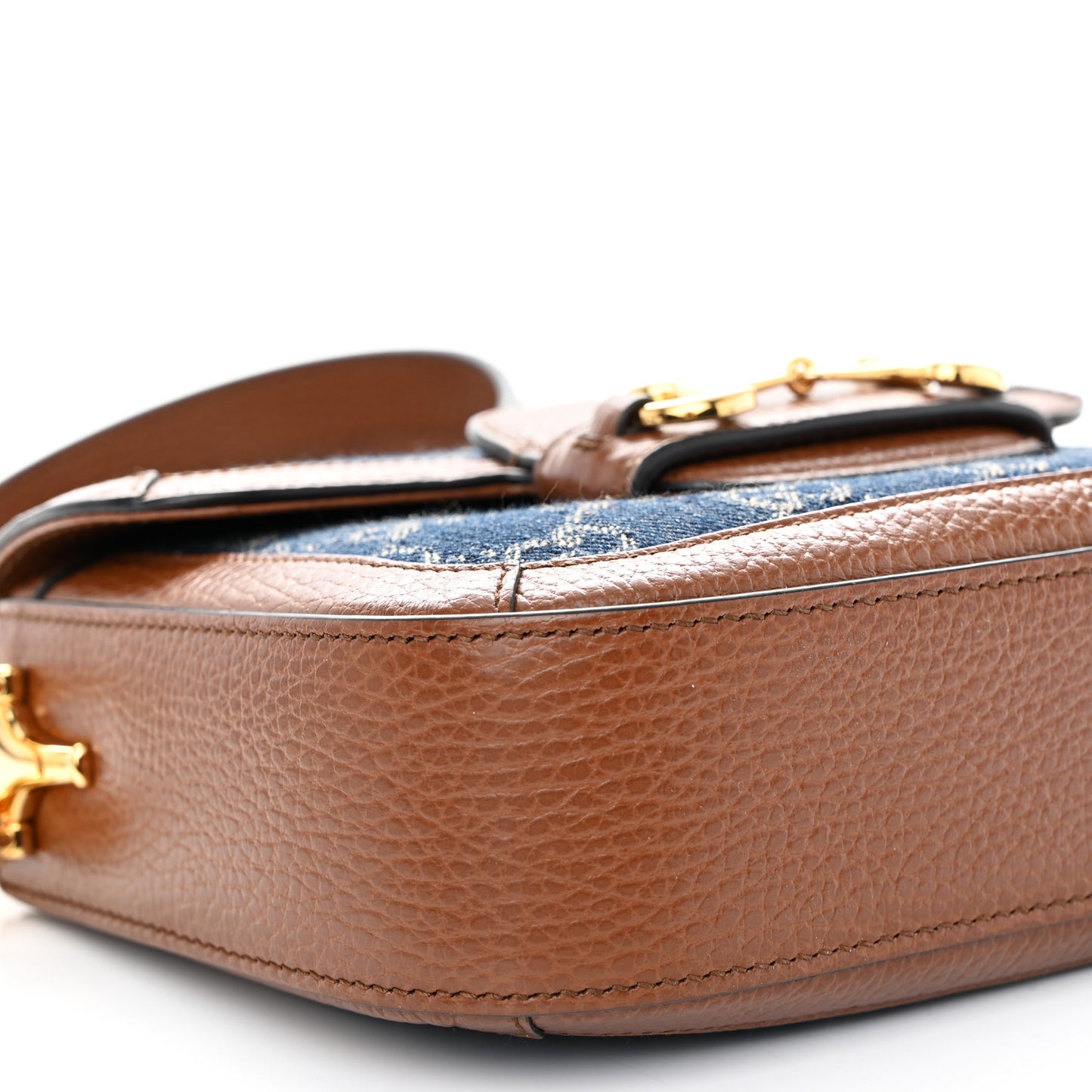 New Denim GG Monogram Dollar Calfskin Web Mini Horsebit 1955 Shoulder Bag Blue Tea Cuir Epilog